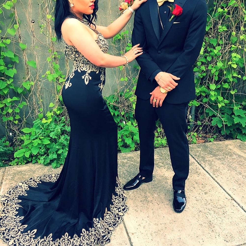 Black long prom dress with Gold embroidery !!